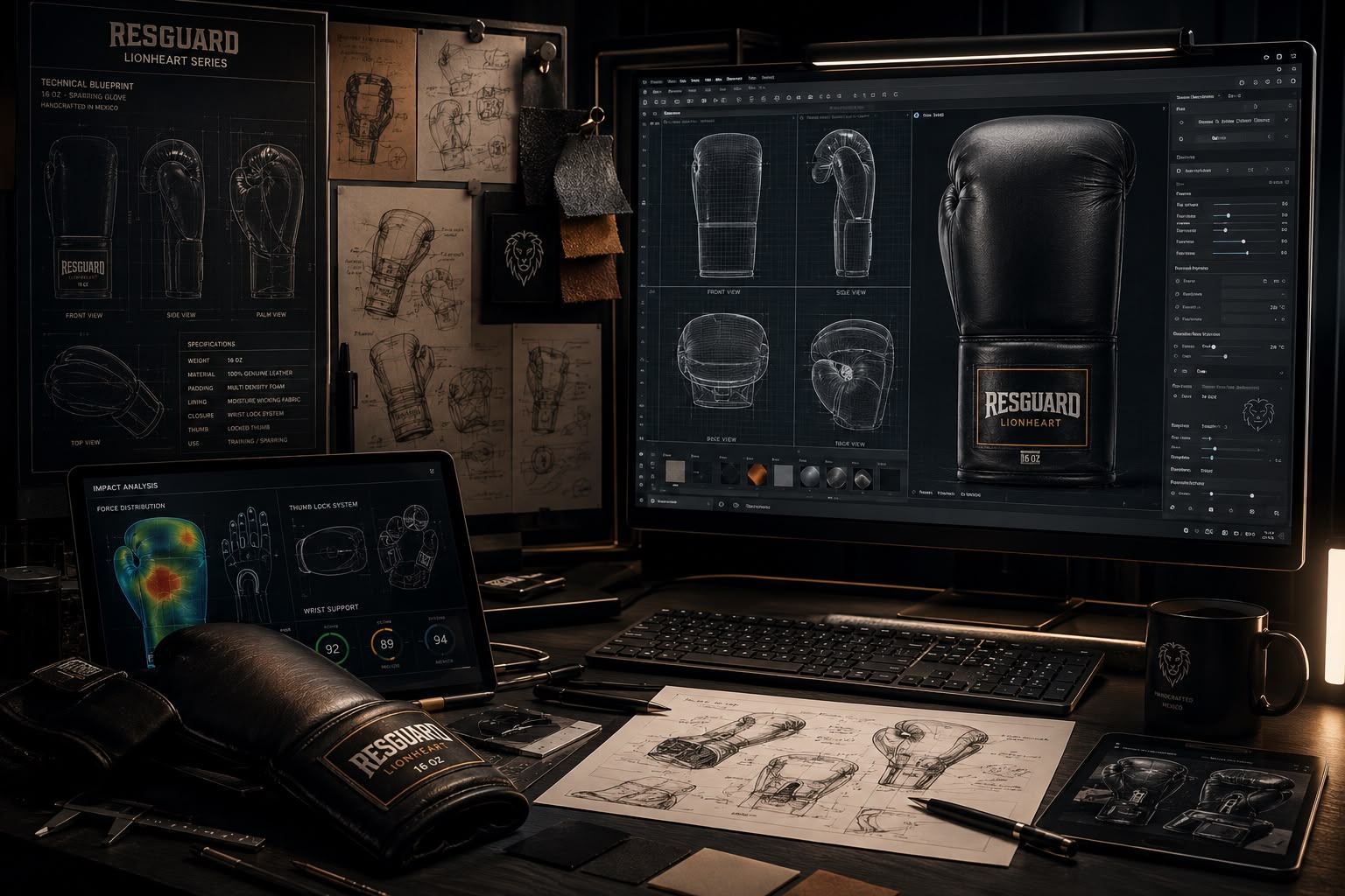 Planos técnicos, análisis de distribución de impacto y muestras de piel del guante RESGUARD Lionheart